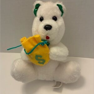 Nanco 1988 White Bear Money Bag Green and Yellow Vintage Plush Stuffed Animal